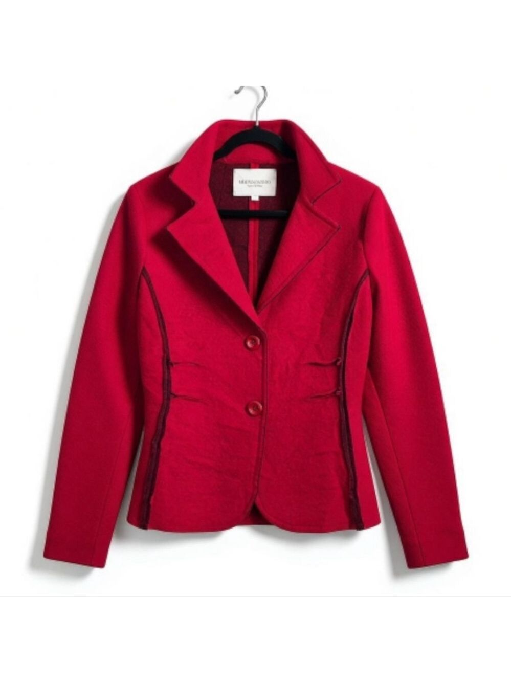 Marisa & Marie Red Wool-Blend Blazer w/ Notched Lapel and Structured Silhouette